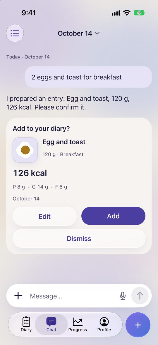 Gramito assistant chat: a meal described in one sentence and a proposed entry to add