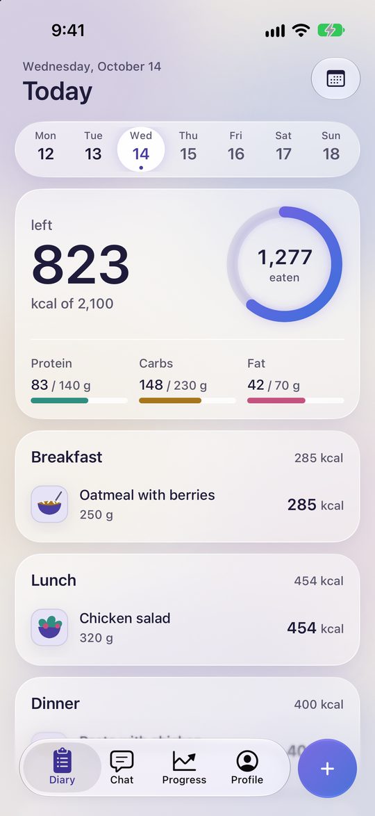 Gramito Today screen: calorie ring with 1,277 kcal eaten, macro bars and meals logged for breakfast, lunch and dinner