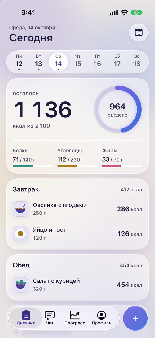 Экран «Сегодня» в Gramito: кольцо калорий с 1 277 ккал, полоски БЖУ и записанные завтрак, обед и ужин